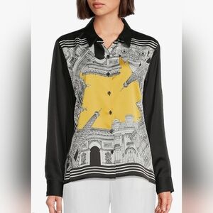 Karl Lagerfeld Paris Panelled Graphic Print Satin Shirt Black Gold Size Medium